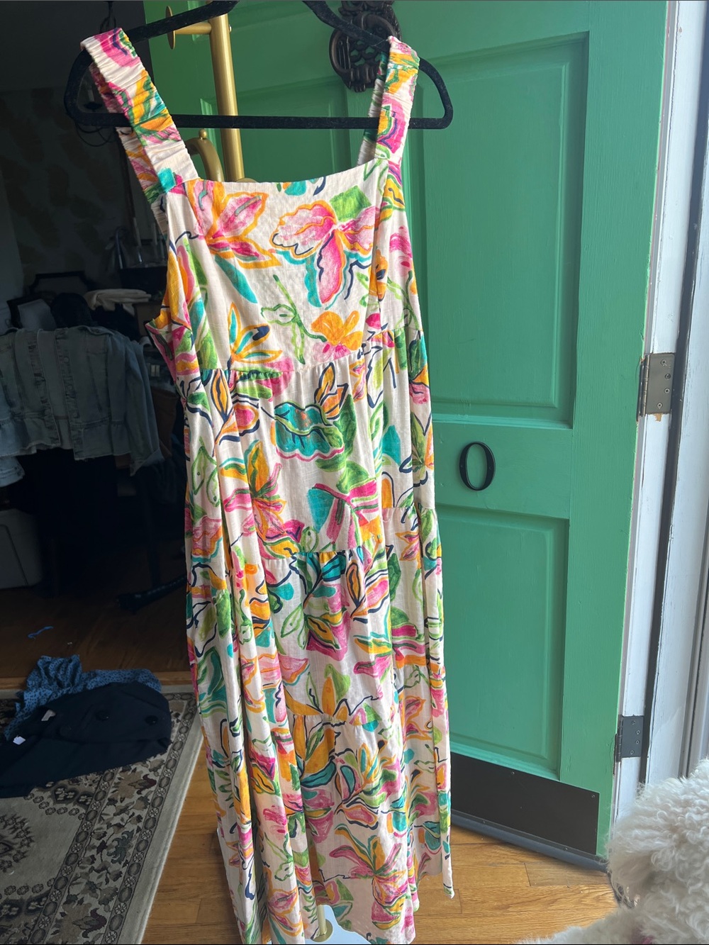 easel Floral Tiered Midi Dress in Pink, Yellow, Green, Blue-NWT Large